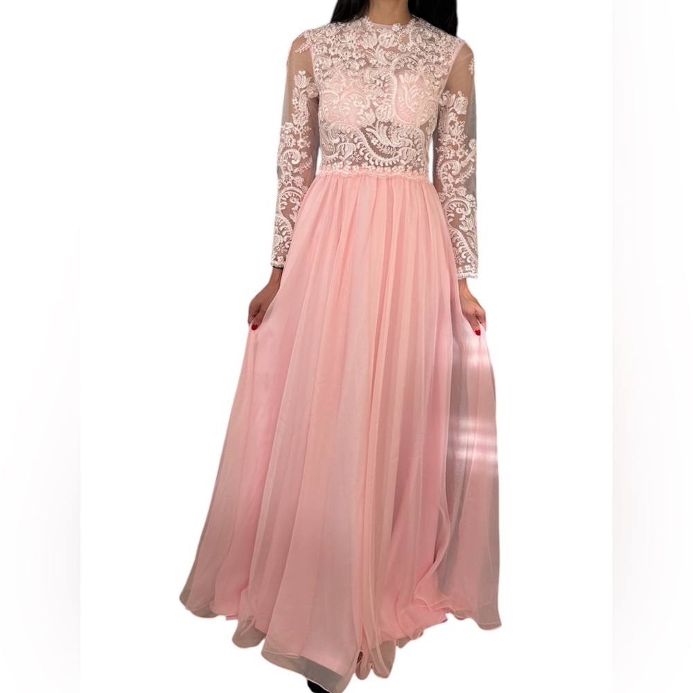 Elegant Floral Long Sleeve Boho Rustic Western Dress Casual A-Line Lace Gown NWT